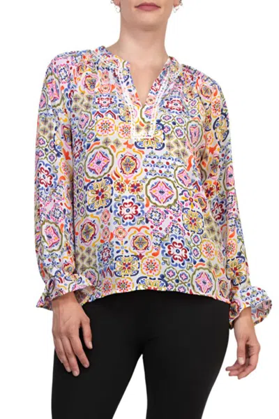 Truedames Bohemian Intricate Tile Detail Crochet Trim Edges V-neckline Elastic Cuffs Top Blouse Dress In Multi