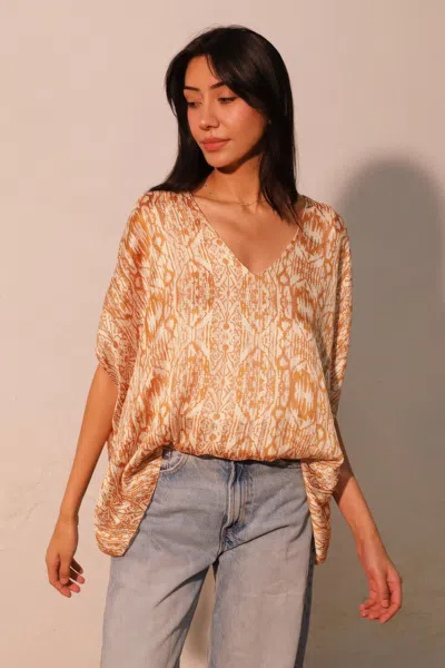 Truedames Bohemian Lurex Chiffon Caftan Top With Back Band In Brown