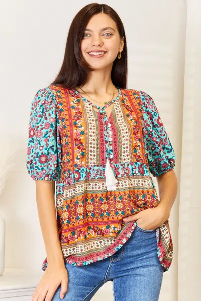 Truedames Bohemian Tassel Tie Puff Sleeve Babydoll Blouse In Multi
