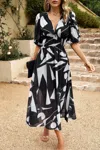 Truedames Bohemian V Neck Elastic Waisted Band Midi Dress In Black