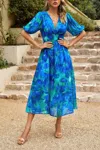 Truedames Bohemian V Neck Elastic Waisted Band Midi Dress In Blue