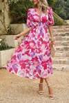 Truedames Bohemian V Neck Elastic Waisted Band Midi Dress In Multi