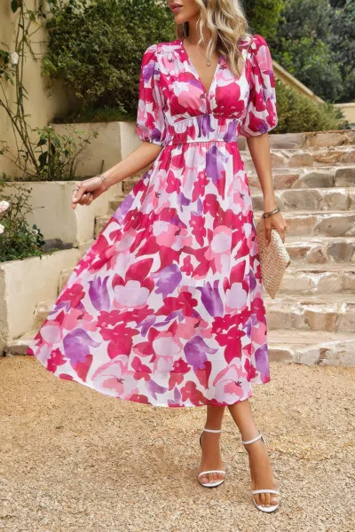 TRUEDAMES BOHEMIAN V NECK ELASTIC WAISTED BAND MIDI DRESS