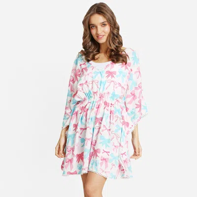 Truedames Boho Bow Print Drawstring Mini Tunic Dress In Blue