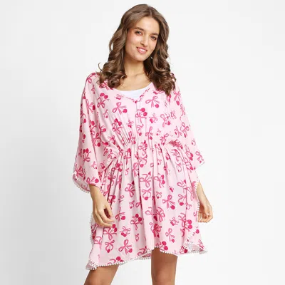 Truedames Boho Bow Print Drawstring Mini Tunic Dress In Pink