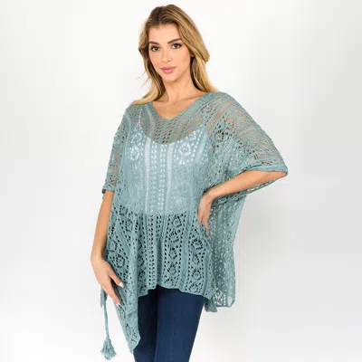 Truedames Boho Crochet Tassel Poncho Top In Green