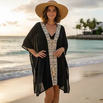Truedames Boho Embroidered Open Front Tassel Tie Cover Up Kimono Poncho In Black