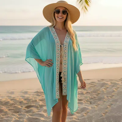 Truedames Boho Embroidered Open Front Tassel Tie Cover Up Kimono Poncho In Blue
