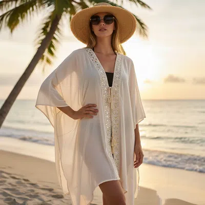 Truedames Boho Embroidered Open Front Tassel Tie Cover Up Kimono Poncho In Neutral