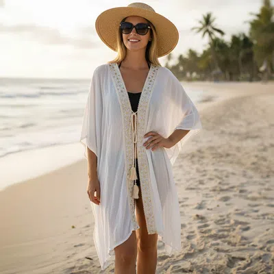 Truedames Boho Embroidered Open Front Tassel Tie Cover Up Kimono Poncho In White