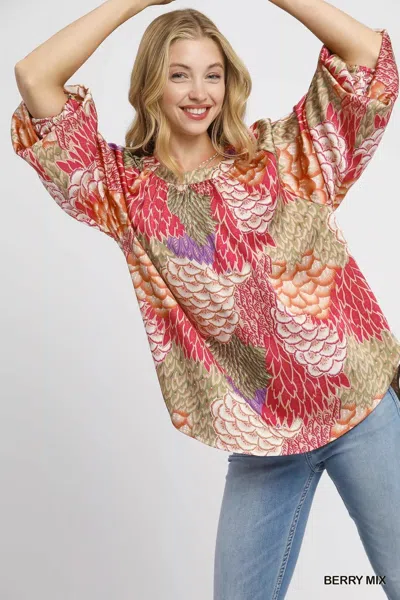 Truedames Boho Feather Print Peasant Blouse In Multi