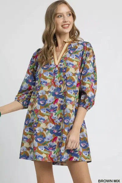 Truedames Boho Floral Balloon Sleeve Mini Dress In Multi