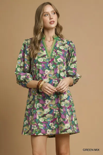Truedames Boho Floral Balloon Sleeve Mini Dress In Multi