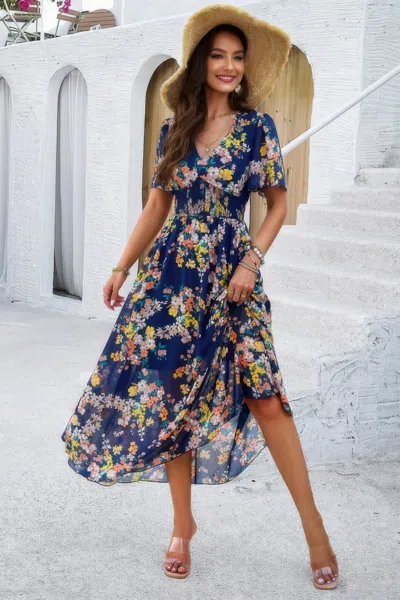 Truedames Boho Floral Print High Waist Band Fit Lined Dress In Blue
