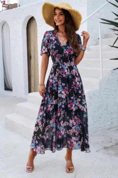 Truedames Boho Floral Print High Waist Band Fit Lined Dress In Multi