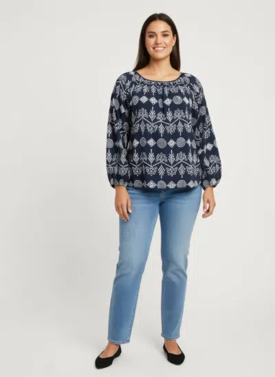 Truedames Boho Floral Print Long Sleeve Blouse In Blue