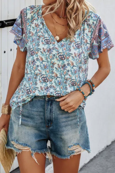 Truedames Boho Floral Print V Neck Patchwork Short Sleeve Top In Blue