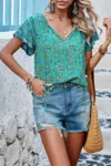 Truedames Boho Floral Print V Neck Patchwork Short Sleeve Top In Green