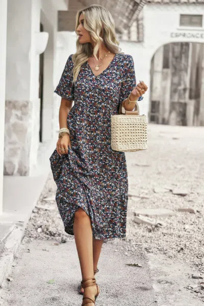 Truedames Boho Floral Ruffle Hem V Neck Short Sleeve Dress In Multi