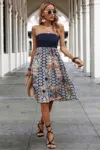 Truedames Boho Floral Sleeveless Off Shoulder Ruched Fit Dress In Blue