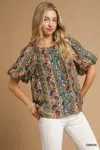 Truedames Boho Floral Stripe Puff Sleeve Blouse In Green