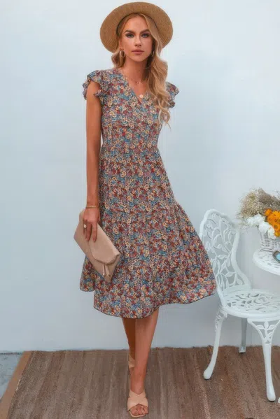 Truedames Boho Floral V Neck Ruffle Sleeve A Line Midi Dress In Red