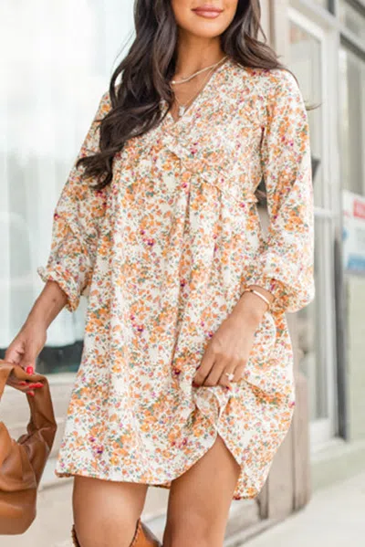 Truedames Boho Floral V Neck Ruffled Empire Waist Long Sleeve Mini Dress In Neutral