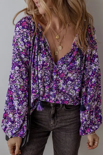 Truedames Boho Flower Split V Neck Bubble Sleeve Blouse In Purple