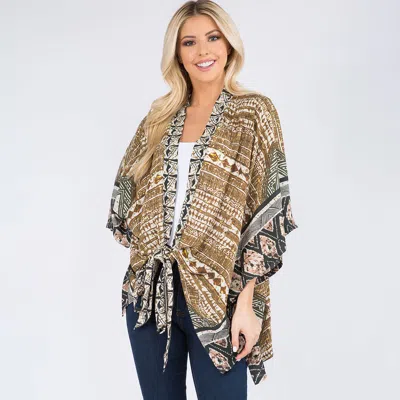 Truedames Boho Geometric Tribal Inspired Pattern Printed Tie Front Kimono Poncho In Gray