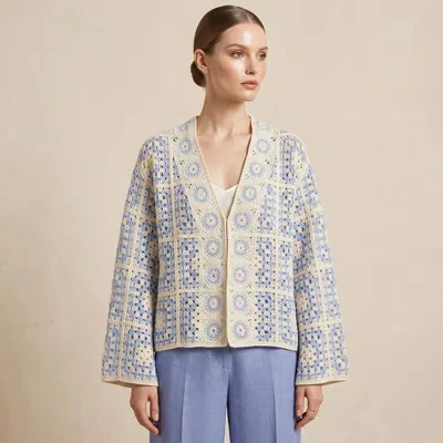 Truedames Boho Granny Square Crochet Patchwork Open Front Cardigan In Blue