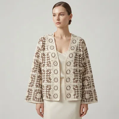 Truedames Boho Granny Square Crochet Patchwork Open Front Cardigan In Gray