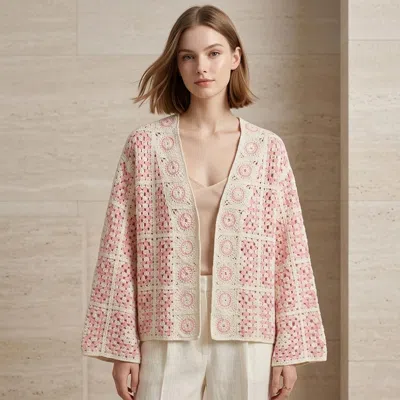 Truedames Boho Granny Square Crochet Patchwork Open Front Cardigan In Pink