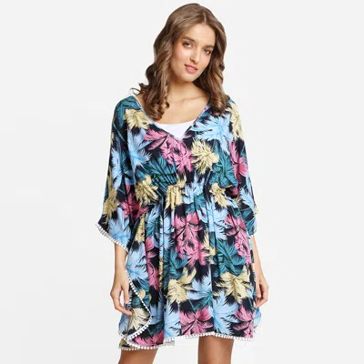 Truedames Boho Leaves Print Drawstring Mini Tunic Dress In Blue