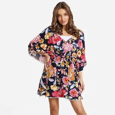Truedames Boho Mixed Floral Print Drawstring Mini Tunic Dress In Multi