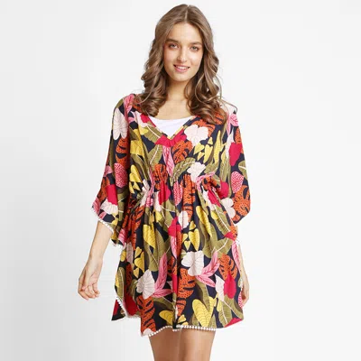 Truedames Boho Mixed Leaves Print Drawstring Mini Tunic Dress In Multi
