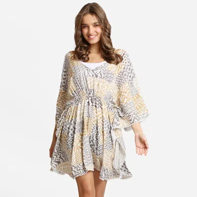 Truedames Boho Mixed Print Drawstring Mini Tunic Dress In Brown