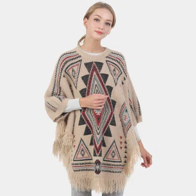 Truedames Boho Patterned Fringe Poncho In Brown