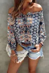 Truedames Boho Print Off Shoulder Long Sleeve Knot Front Blouse In Multi