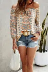 Truedames Boho Print Off Shoulder Long Sleeve Knot Front Blouse In Neutral