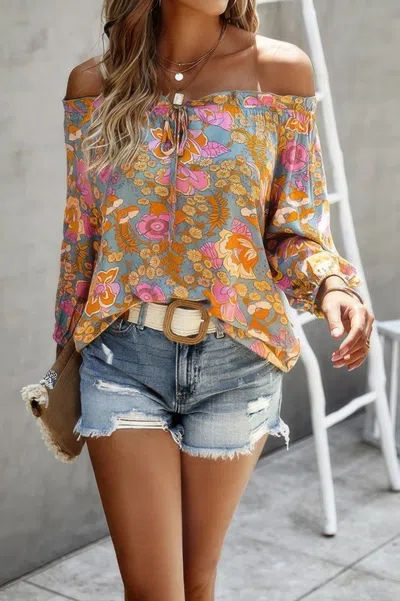 Truedames Boho Print Off Shoulder Long Sleeve Knot Front Blouse In Orange