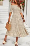 Truedames Boho Print Off Shoulder Ruffle Hem Floral Dress In Nude
