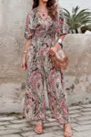 Truedames Boho Print Short Sleeve Shirred Waist Fit Jumpsuit In Multi