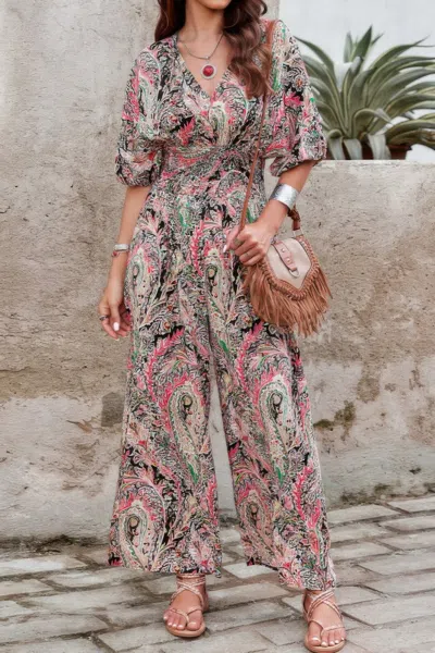 Truedames Boho Print Short Sleeve Shirred Waist Fit Jumpsuit In Multi