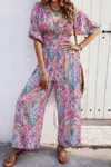 Truedames Boho Print Short Sleeve Shirred Waist Fit Jumpsuit In Pink
