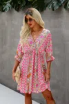 Truedames Boho Print Wrap Neck Tie Back Pleated Hem Dress In Pink