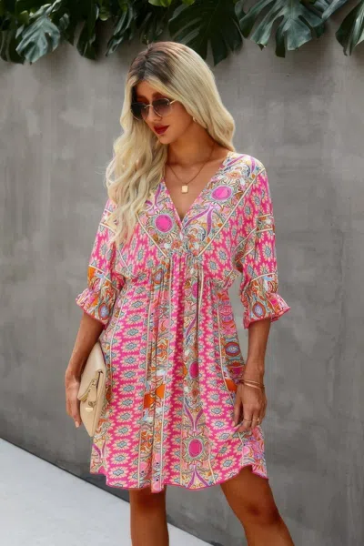 Truedames Boho Print Wrap Neck Tie Back Pleated Hem Dress In Pink