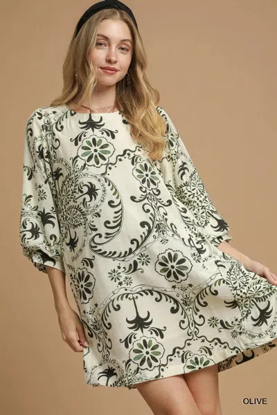 Truedames Boho Printed Balloon Sleeve Mini Dress In Green