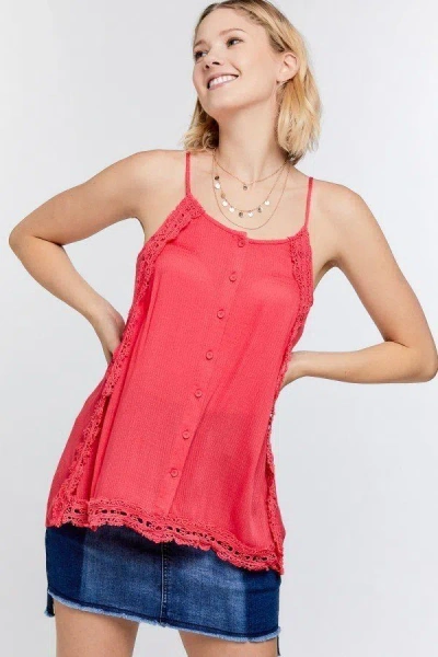 Truedames Boho Scallop Lace Trim Detailed Button Down Solid Subtle Textured Slit Side Overlay Layered Cami Top In Pink