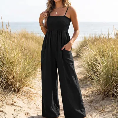 Truedames Boho Spaghetti Strap Wide-leg Jumpsuit In Black