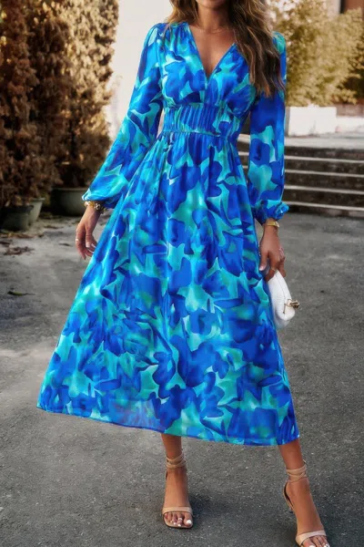 Truedames Boho V Neck A Line High Waist Long Sleeve Dress In Blue